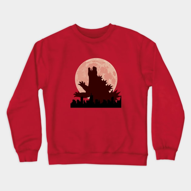 Godzilla in the city under the eerie red moonlight   Experience the epic clash of Godzilla in the city under the eerie red moonlight Crewneck Sweatshirt by Whisky1111